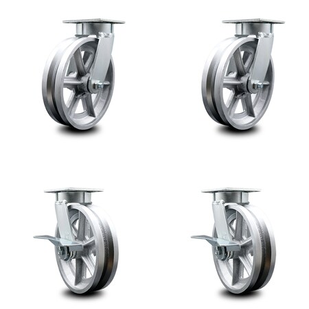 Service Caster 8 Inch Kingpinless V Groove Semi Steel Wheel Swivel Caster Set with 2 Brakes SCC SCC-KP30S820-VGR-2-SLB-2